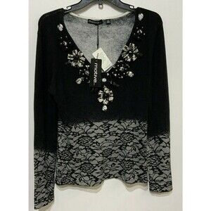 Motive Sweater Floral Embellished Black White Size Medium NWT